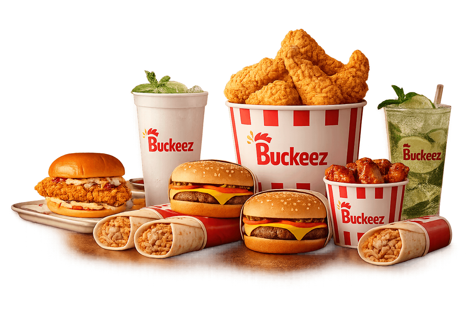 BUCKEEZ Group Combo — burger, wings, fries, and soda cartoon